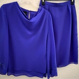 Vintage Ursula of Switzerland Royal Blue Skirt Suit Blouse Sz 4P